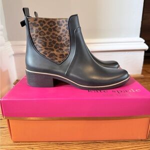 kate spade Black Ankle Rain Boots with Leopard Elastic Panel